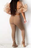 Khaki Sexy Ruffle Sleeve Crop Top and Slit Bottom Pants 2PCS Outfits