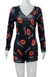 Lip Print Black Long Sleeve Sexy Lounge Rompers with Butt Flap