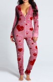 Heart Print Pink Long Sleeve Sexy Lounge Jumpsuit with Butt Flap