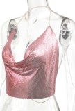 Pink Sequin Halter Party Crop Top