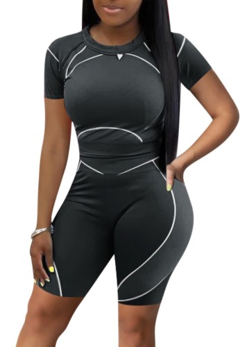 Sports Black Fitted Top and Biker Shorts 2PCS Set