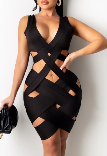 Black Hollow Out Deep-V Sleeveless Bandage Dress