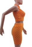 Orange Sexy Hollow-Out Cropped Tank Top and High Waist Shorts Set