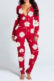 Daisy Print Red Long Sleeve Sexy Lounge Jumpsuit with Butt Flap