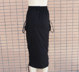 Drawstring Sexy Ruched Midi Skirt with Pockets