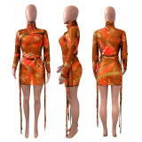 Turtle Neck Long Sleeve Print Orange Mesh Strings Bodycon Dress