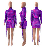 Turtle Neck Long Sleeve Print Purple Mesh Strings Bodycon Dress