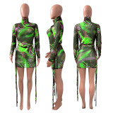 Turtle Neck Long Sleeve Print Green Mesh Strings Bodycon Dress
