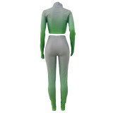 Neon Green Gradient High Neck Zip Up Crop Top and Pants Set