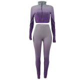Purple Gradient High Neck Zip Up Crop Top and Pants Set