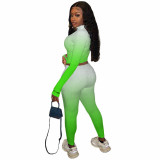Neon Green Gradient High Neck Zip Up Crop Top and Pants Set