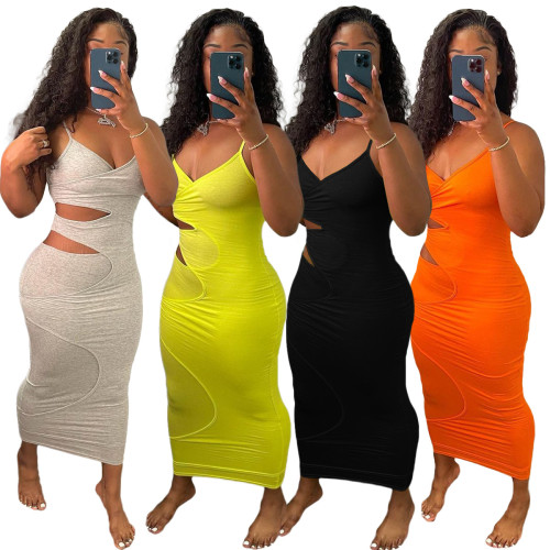 Sexy Cut Out Solid Straps Curvy Maxi Dress