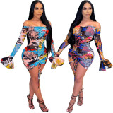 Print Off Shoulder Fare Cuff Ruched Mini Bodycon Dress