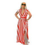 Plus Size Striped Slit Short Sleeve Deep-V Maxi Dress