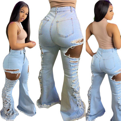 Ripped Holes Light Blue Stylish Flare Jeans