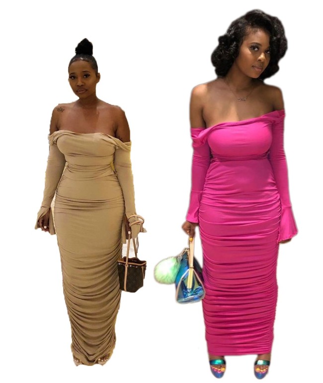 Plain Ruched Off Shoulder Open Back Sexy Maxi Dress