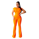 Solid Ruffle Flutter Sleeve Flare Jumpsuit