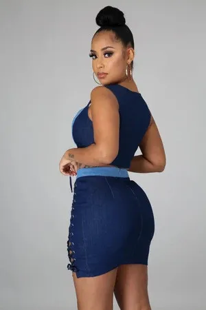 Sexy Contrast Denim Lace-Up Cropped Tank Top and Mini Skirt Set