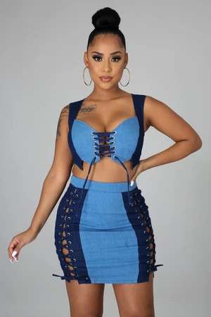 Sexy Contrast Denim Lace-Up Cropped Tank Top and Mini Skirt Set