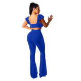 Solid Ruffle Flutter Sleeve Flare Jumpsuit