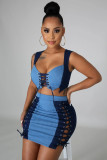 Sexy Contrast Denim Lace-Up Cropped Tank Top and Mini Skirt Set