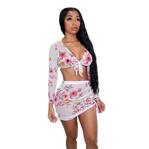 White Floral Sexy Two Piece Skirt Set