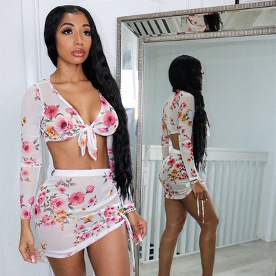 White Floral Sexy Two Piece Skirt Set
