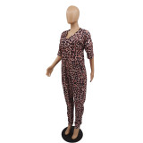 Leopard Print Leisure V Neck Short Sleeve Jumpsuit