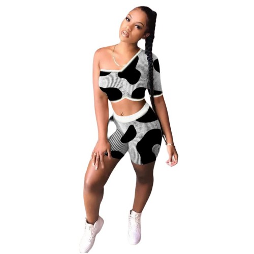 One Shoulder Cow Print Two Piece Shorts Set