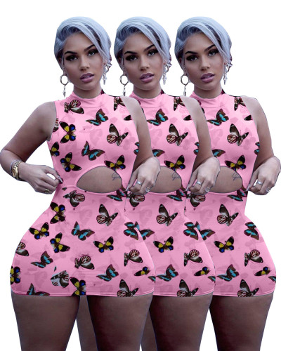 Summer Print Butterfly Pink Sexy Mini Club Dress