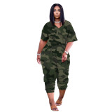 Camo Print Leisure V Neck Short Sleeve Jumpsuit