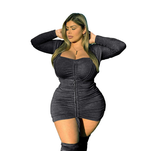 Plus Size Black Long Sleeve Ruched Drawstrings Bodycon Dress