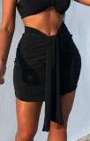 Black One Shoulder Bra Top and Ruched Mini Skirt Set