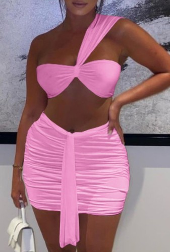 Pink One Shoulder Bra Top and Ruched Mini Skirt Set