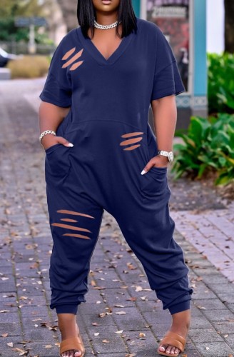 Blue V-Neck Casual Ripped Loose Jumpsuit