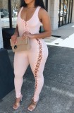 Pink Lace Up Ribbed Sleeveless Sexy Tight Jumpsuit