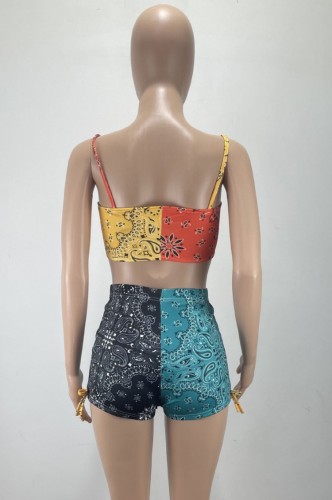 Colorful Tribal Print Lace-Up Crop Top and Shorts Two Piece Set