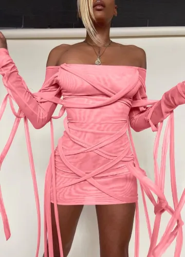 Pink Off Shoulder Long Sleeve Strings Mini Club Dress