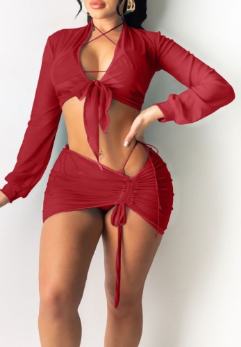 Red Sexy Mesh 2PCS Crop Top and Skirt Bikini Cover Up