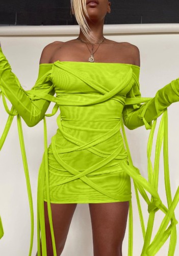 Green Off Shoulder Long Sleeve Strings Mini Club Dress