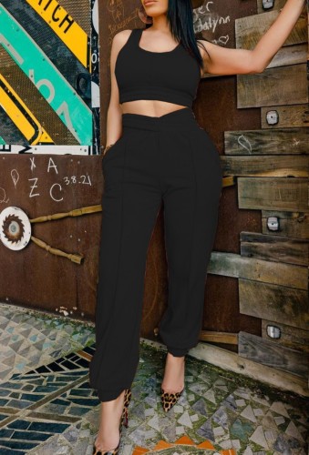 Casual Black Tank Crop Top and Casual Pants 2PCS Outfits