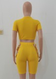 Yellow Ribbed Crop Tee and Lace Up Shorts 2PCS Set