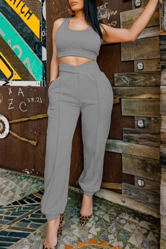 Casual Grey Tank Crop Top and Casual Pants 2PCS Outfits