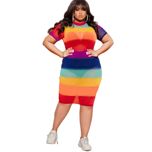 Plus Size See Through O-Neck Colorful Striped Sexy Dress