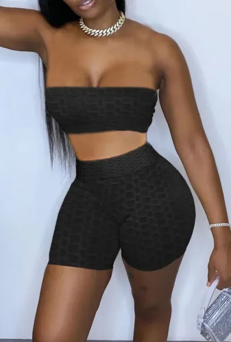 Black Textured Sexy Bandeau Top and Biker Shorts Matching 2PCS Set