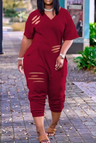 Red V-Neck Casual Ripped Loose Jumpsuit
