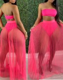 Hot Pink Bandeau Top & High Waist Mesh Skirt 2PCS Set