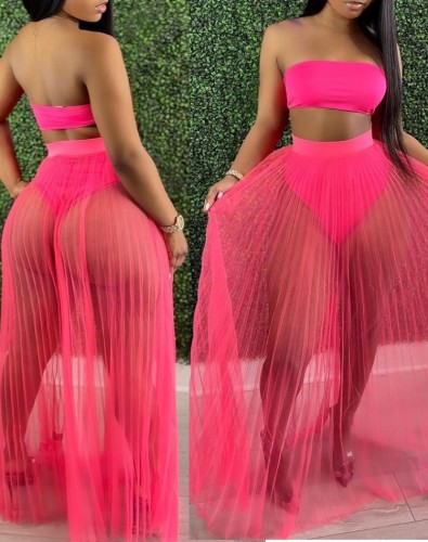 Hot Pink Bandeau Top & High Waist Mesh Skirt 2PCS Set