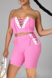 Pink Lace Up Strapless Crop Top & Shorts 2PCS Set