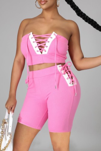 Pink Lace Up Strapless Crop Top & Shorts 2PCS Set